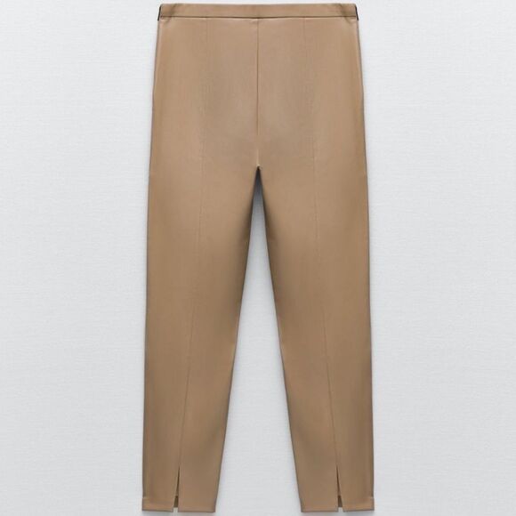 Zara Taupe brown vegan faux leather leggings zipper slit hem Sz L - Picture 4 of 15